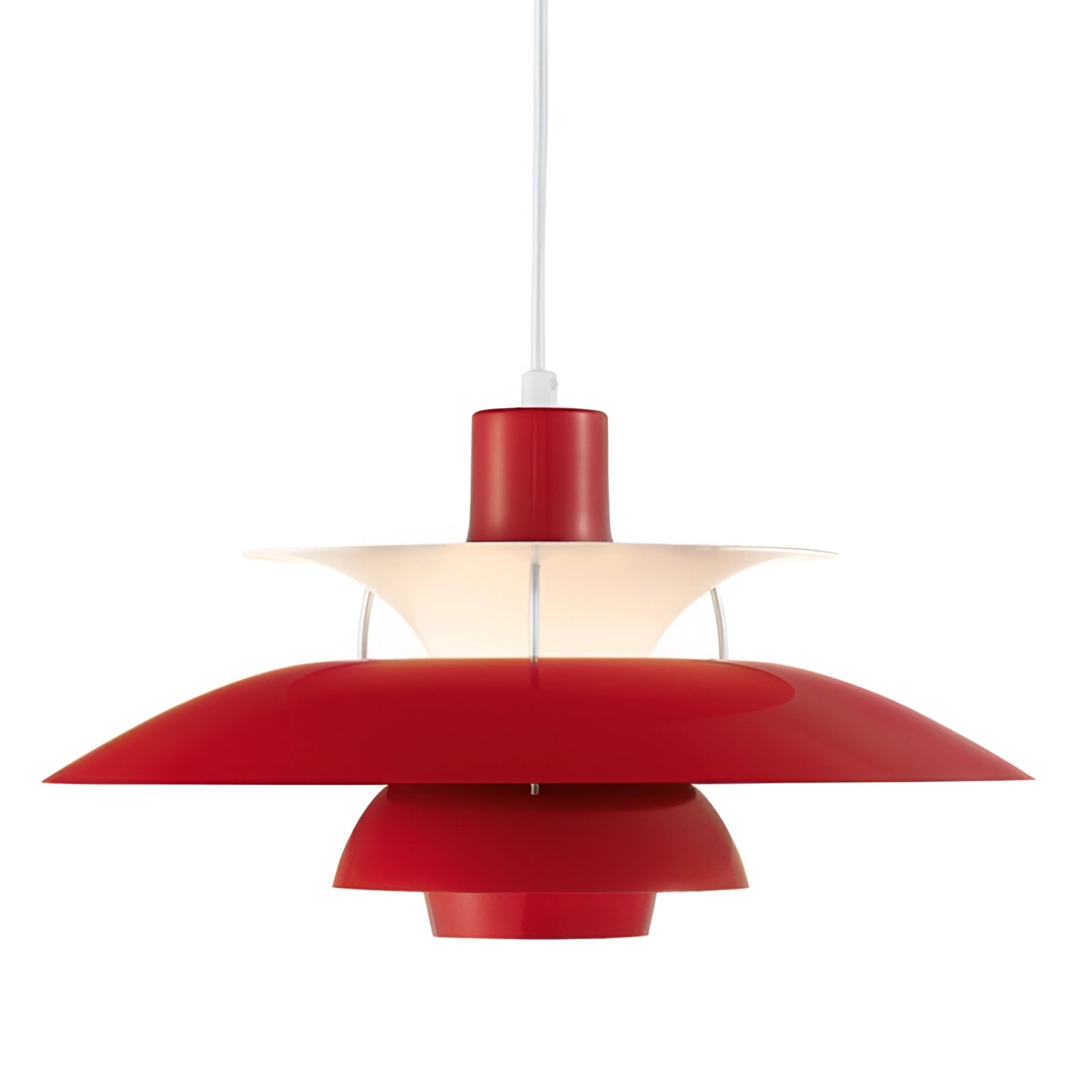 Modern Scandinavian multi-tiered pendant light with a pure red cone-shaped design, featuring a warm white glow.