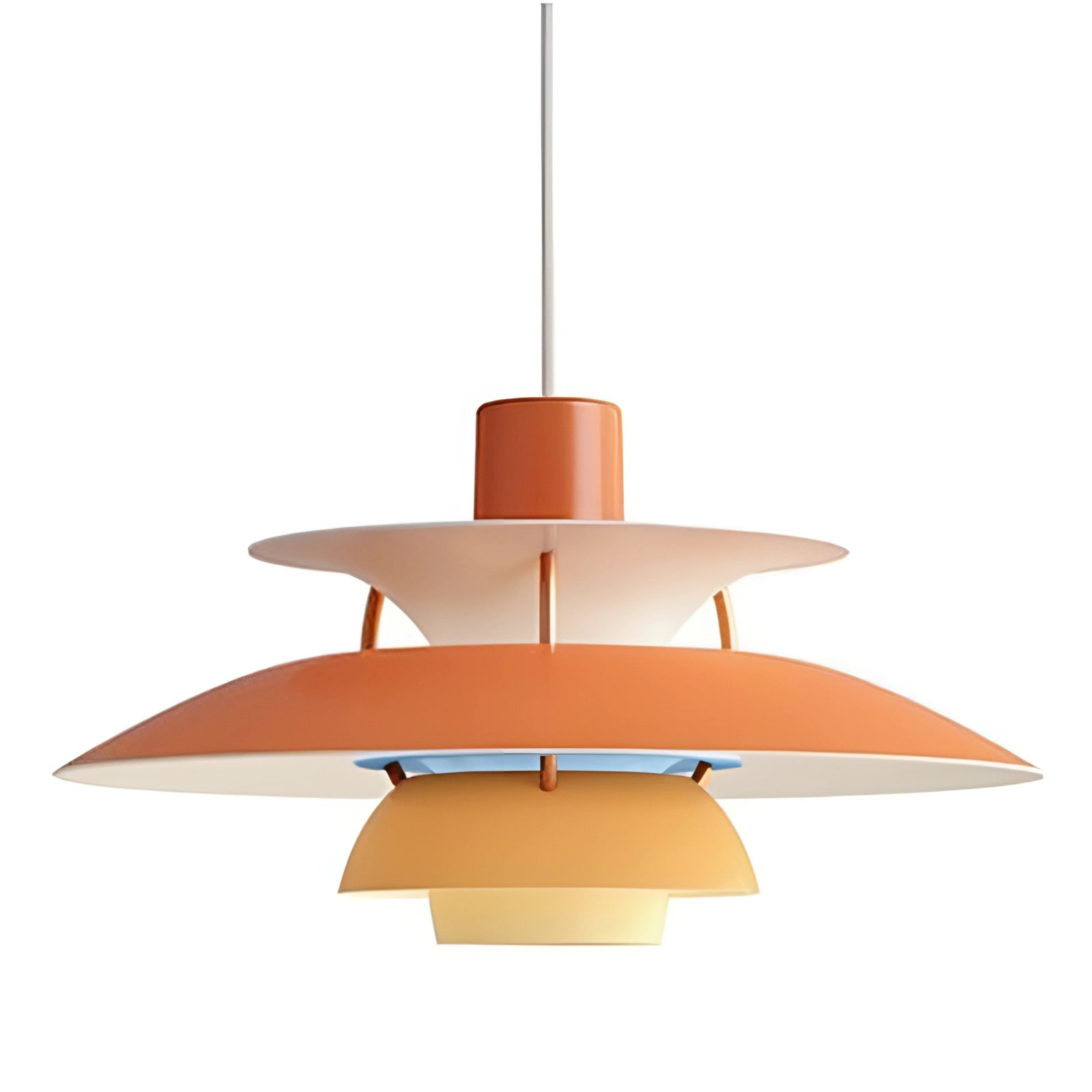 Modern colorful pendant lighting featuring a multi-tiered Scandinavian design with shades of orange, measuring 50CM in diameter, illuminated with warm white light, hanging from the ceiling creating a stylish and balanced ambiance.