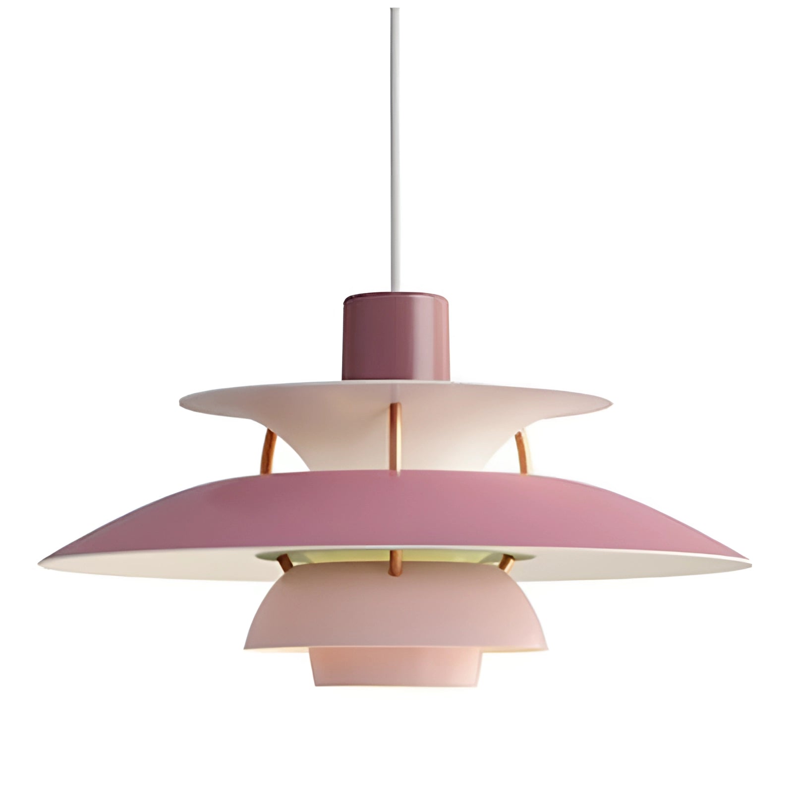 Modern colorful pendant lighting with Scandinavian design, featuring multi-tiered purple shades, diameter 50cm, emitting warm white light, hanging from the ceiling.