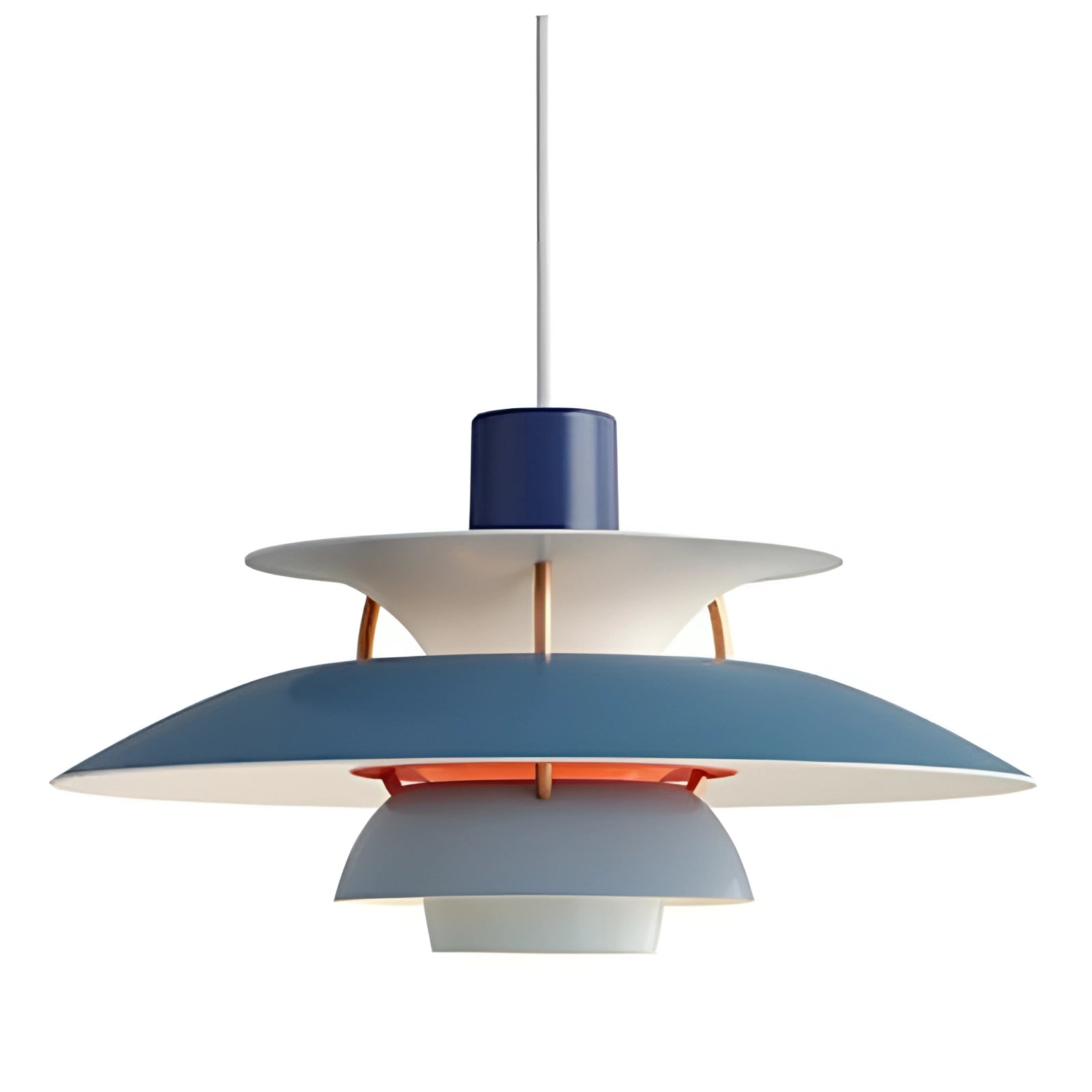 Modern colorful pendant light with a Scandinavian design featuring multi-tiered blue shades, measuring 50CM in diameter, suspended from the ceiling, illuminating warm white light.