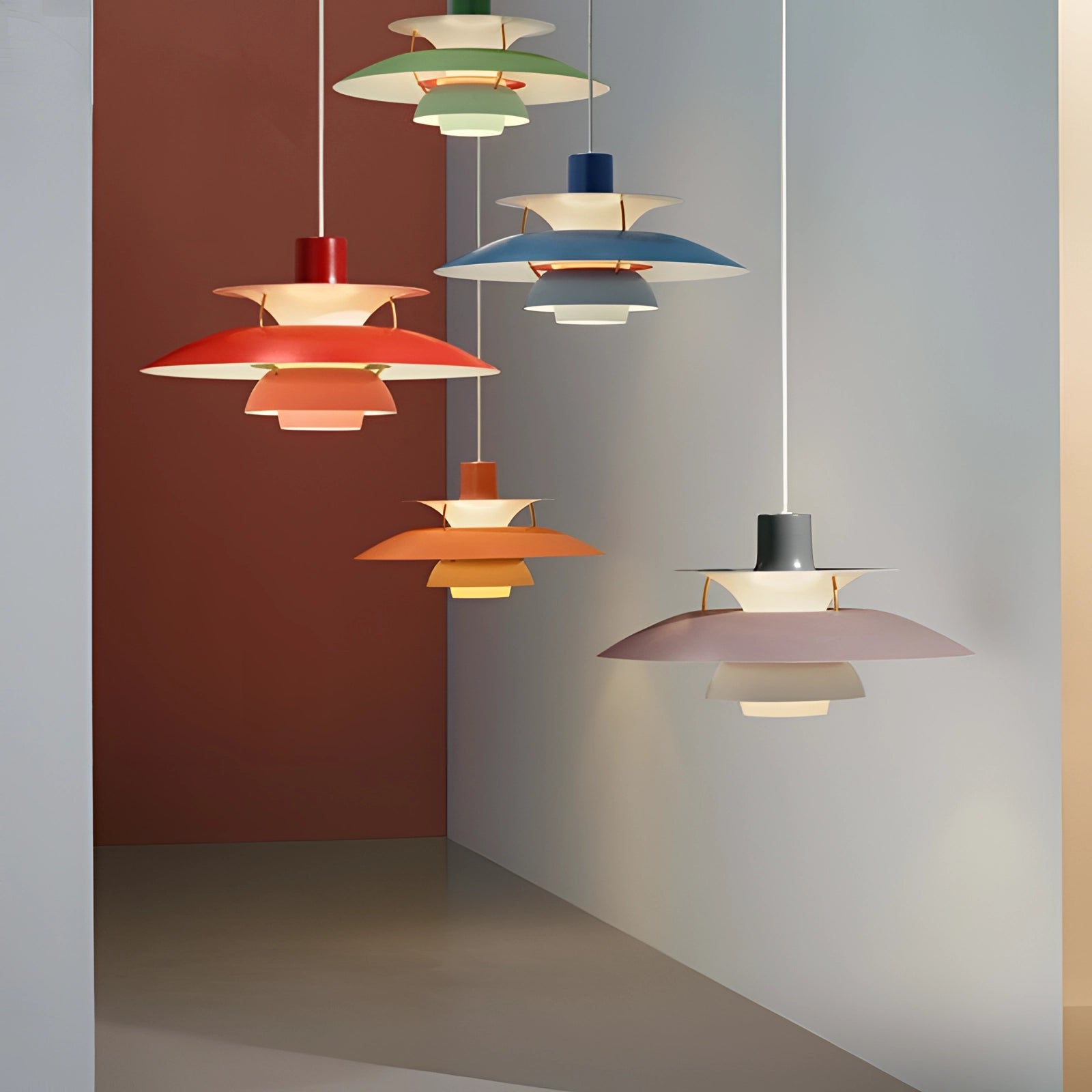Modern colorful pendant lighting with a Scandinavian multi-tiered design, featuring vibrant tints and shades, wooden elements, and hanging from a ceiling.