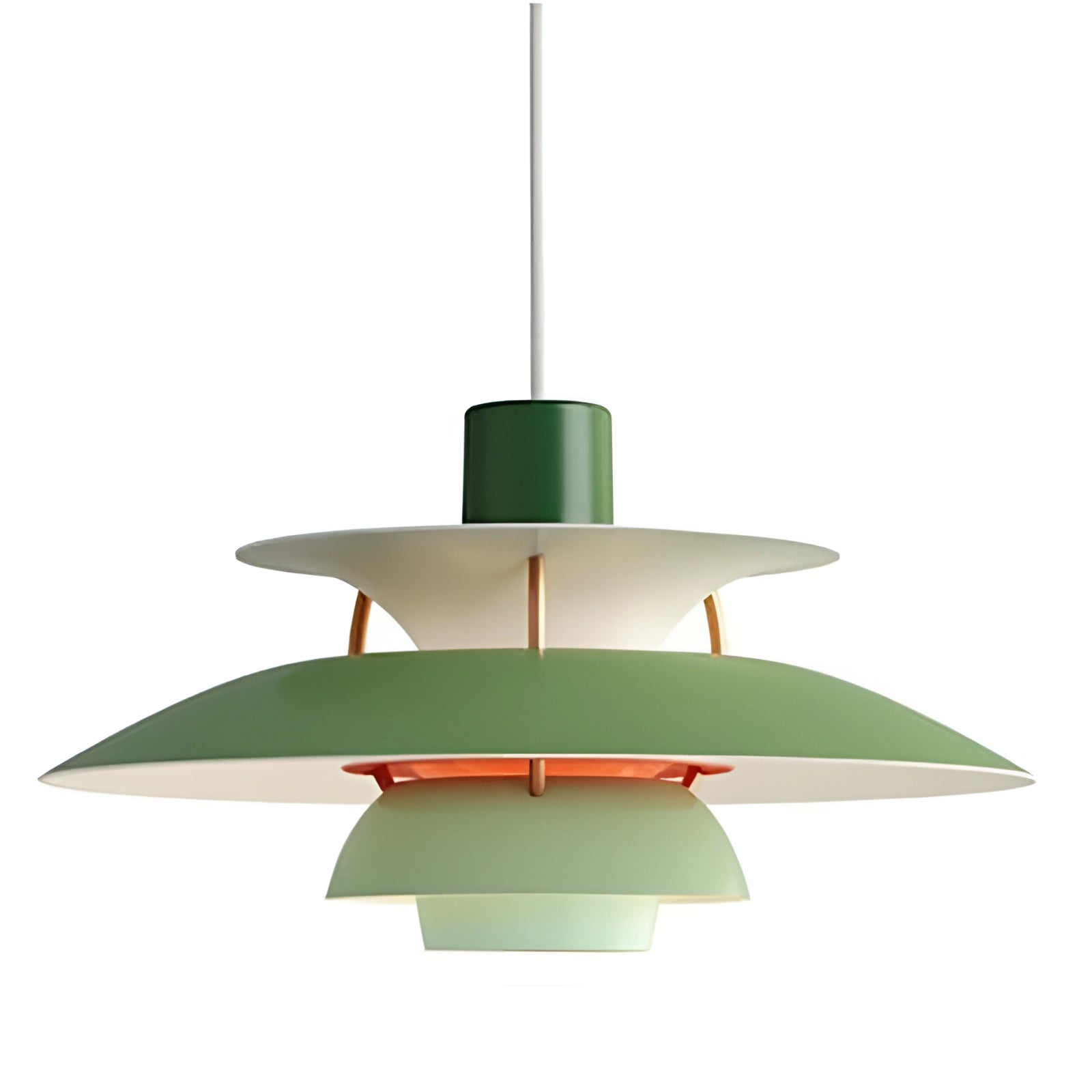 Modern colorful pendant lighting fixture with a Scandinavian design featuring a multi-tiered structure, showcasing circular elements in a carmine hue, suspended from a ceiling, emphasizing symmetry and balance.