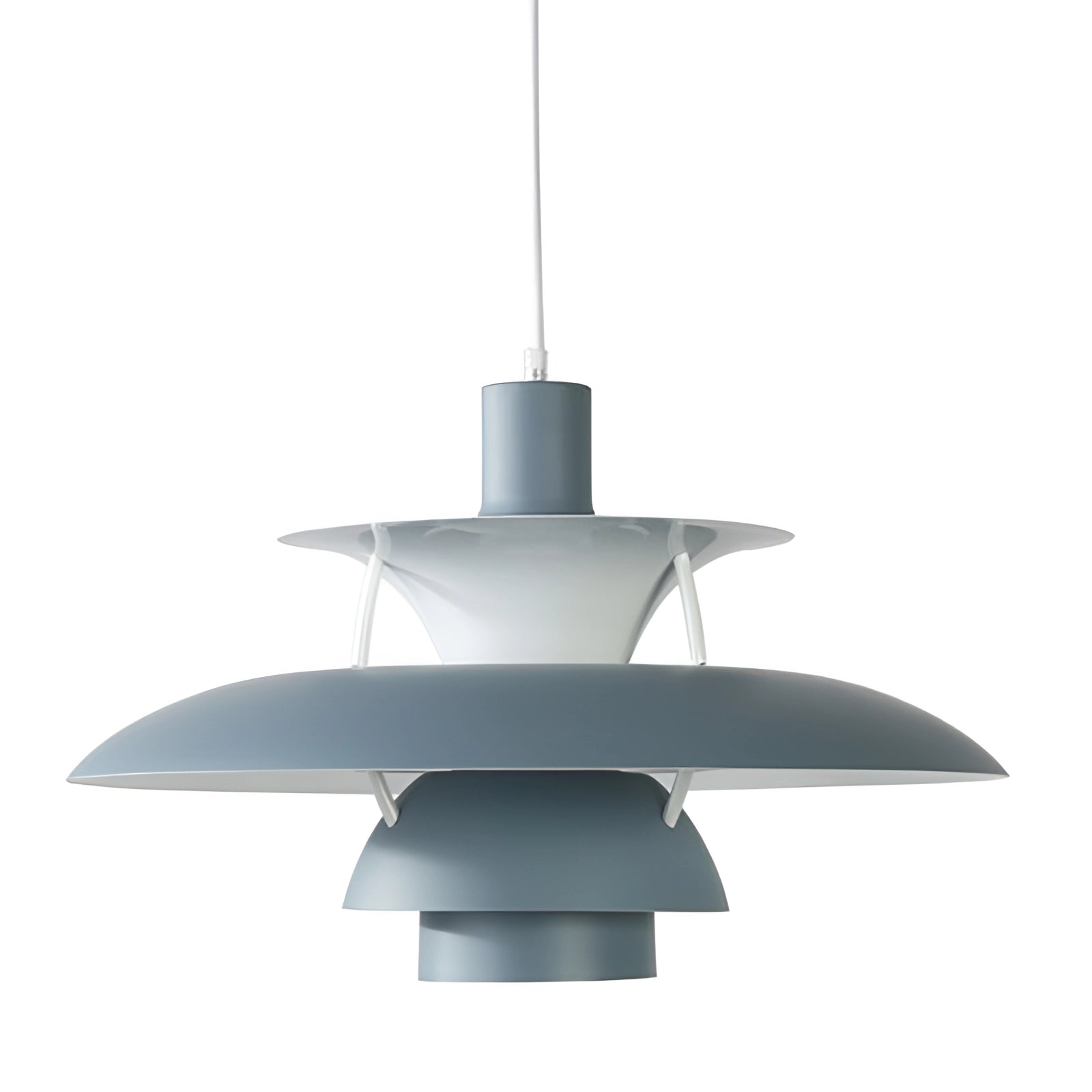 Modern Scandinavian multi-tiered pendant light in pure gray, featuring a sleek design with a diameter of 50cm, emitting a warm white glow, suspended from a ceiling within a contemporary interior setting.