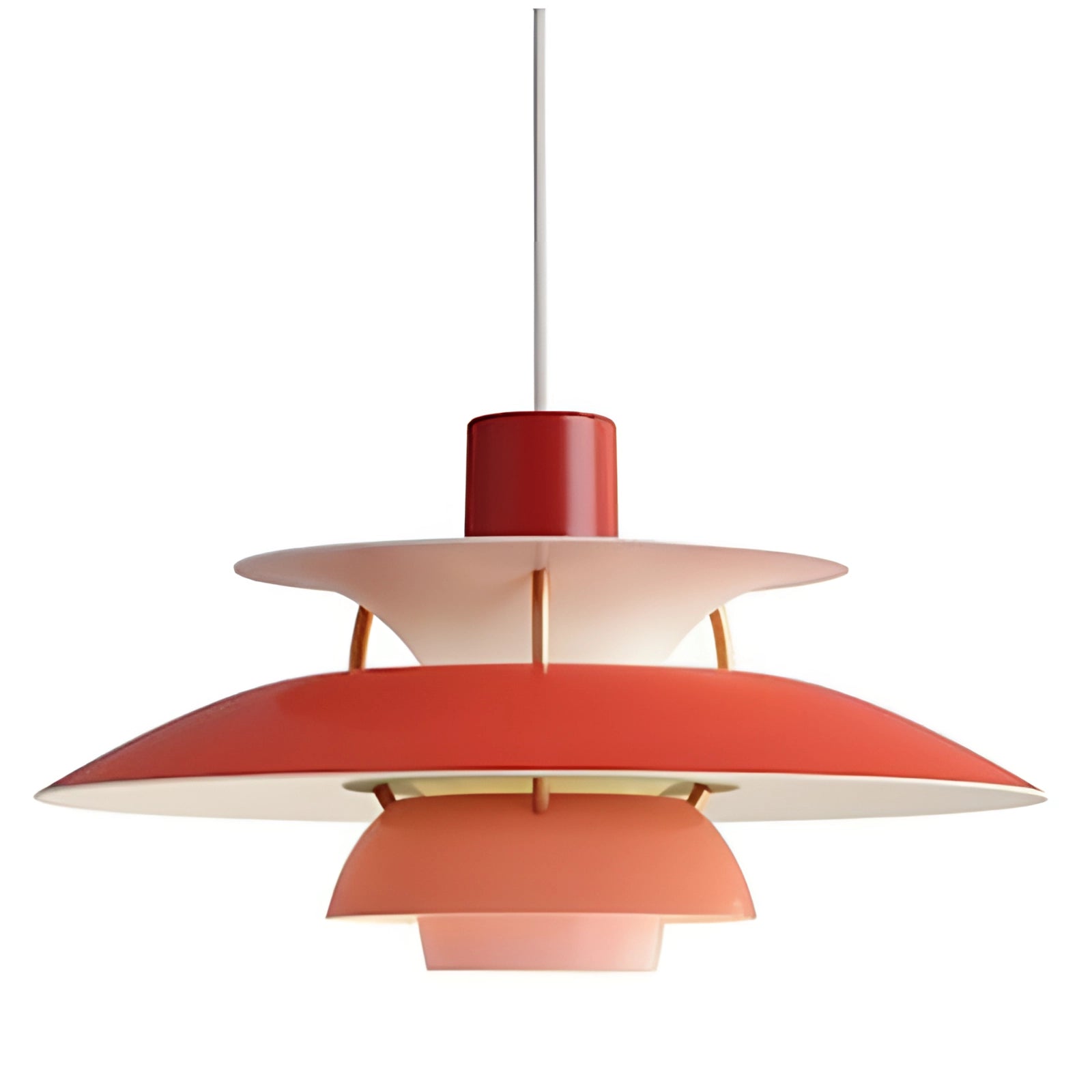 Modern Scandinavian multi-tiered pendant lighting with red shades, diameter 50cm, featuring a warm white glow, ceiling-mounted with symmetrical design and artistic balance.