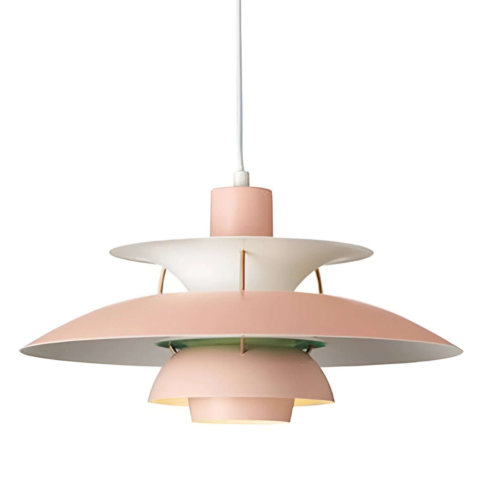 Modern pendant light featuring a Scandinavian design in a pure pink hue, showcasing a multi-tiered structure. The fixture has a diameter of 50CM and emits a warm white light. It combines elements of wood and art, with a symmetrical and balanced appearance, making it a stylish and functional ceiling light accessory.