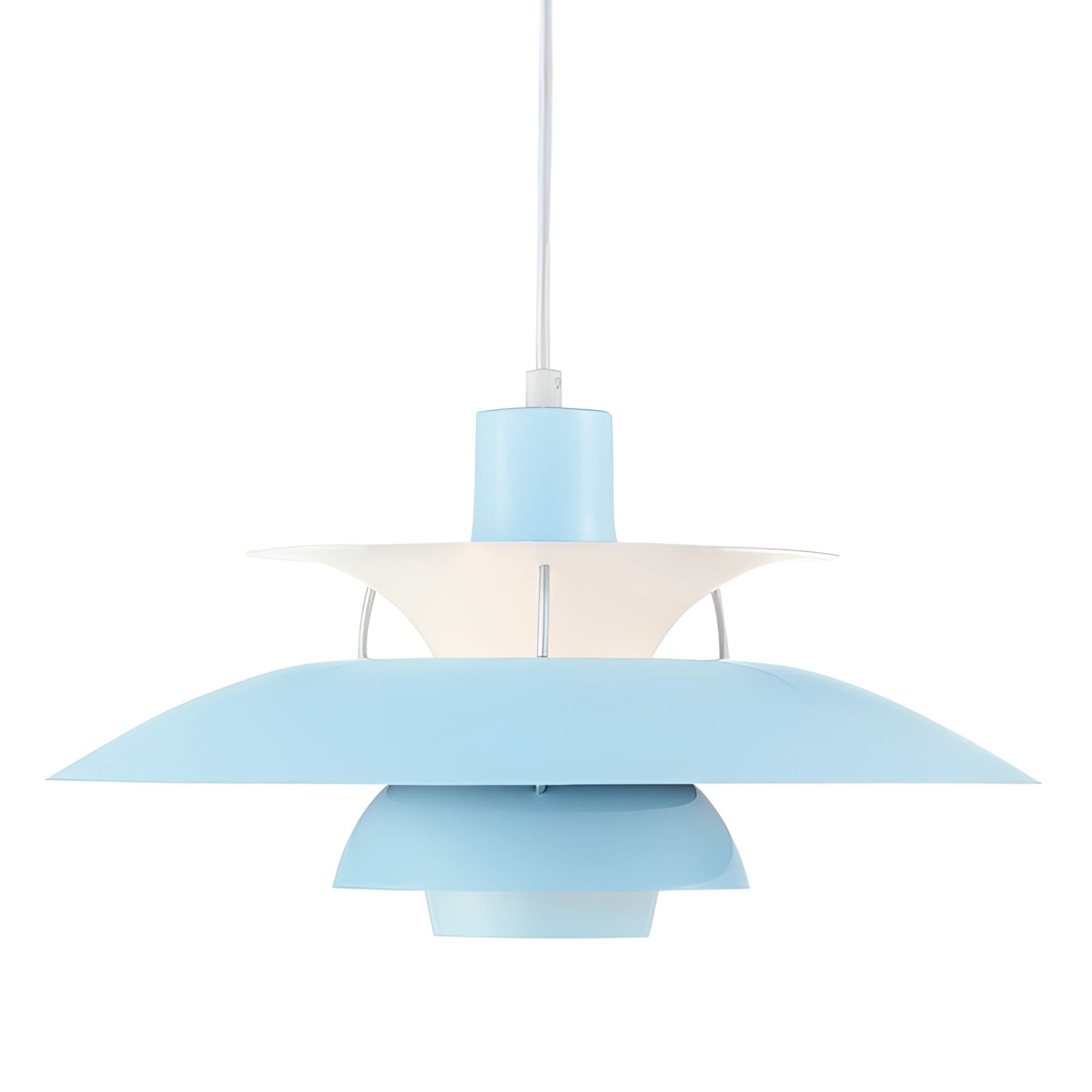 Modern Scandinavian design pendant lighting in pure blue with a multi-tiered structure, featuring warm white illumination hanging from the ceiling.
