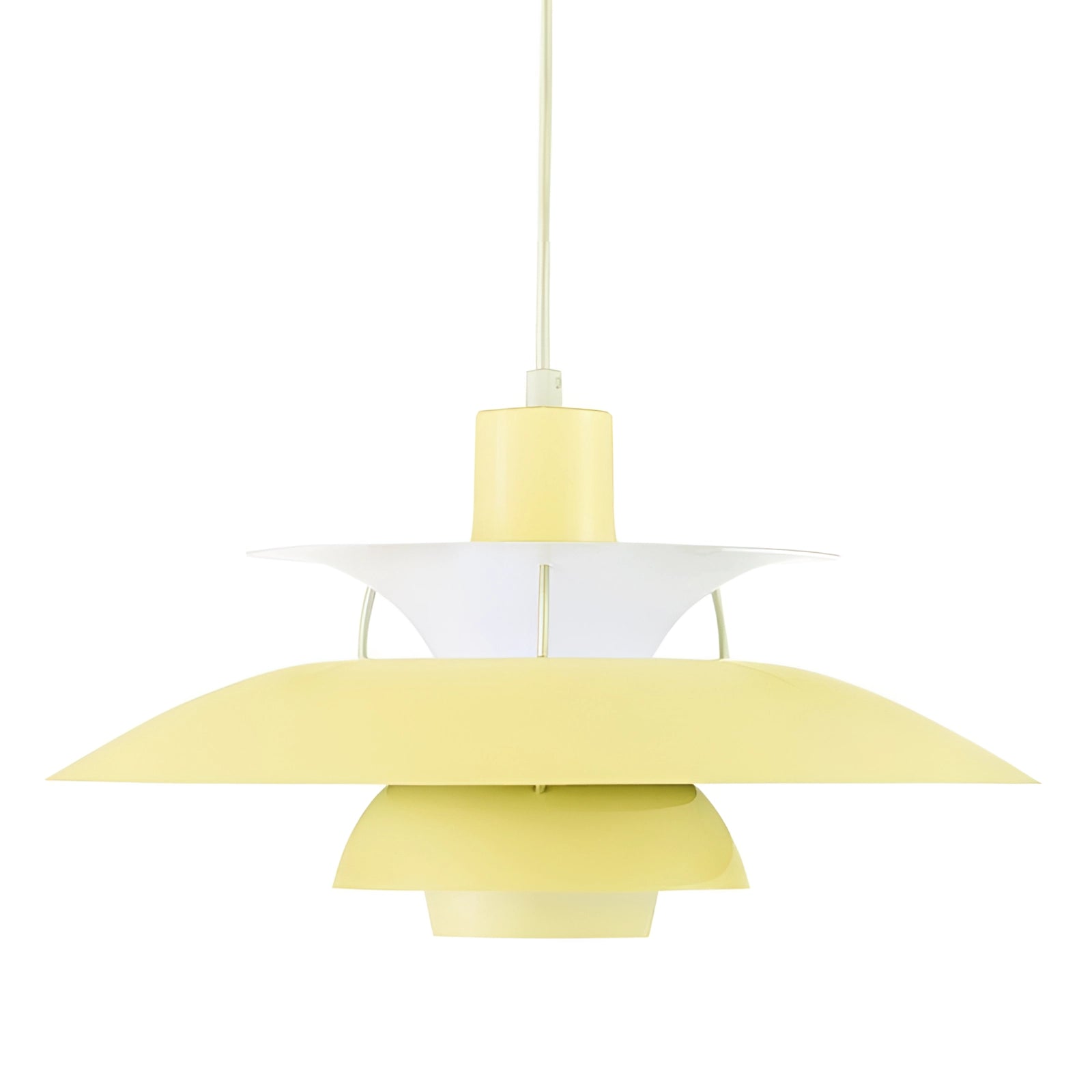 Modern colorful pendant lighting with a Scandinavian design in a pure yellow finish, featuring a multi-tiered circular structure. The fixture has a diameter of 50cm and emits warm white light, with a wooden element and symmetrical design. The pendant is elegantly suspended from the ceiling.