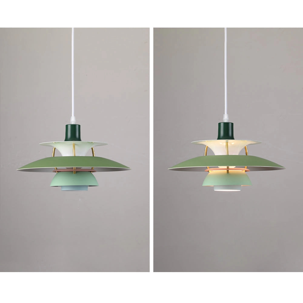 Modern Scandinavian multi-tiered pendant light featuring a colorful and symmetrical design with circular and rectangular elements, suitable for ceiling installation.