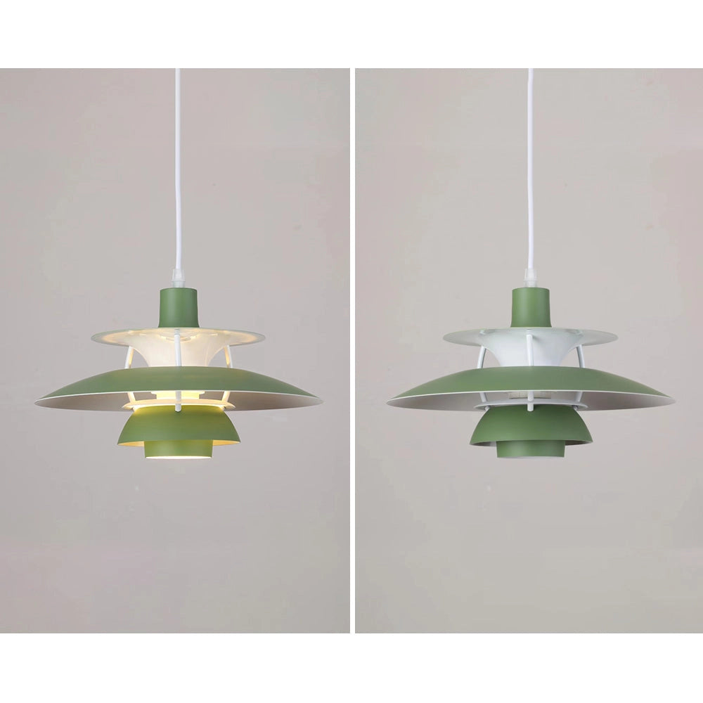 Modern colorful multi-tiered pendant lighting fixture with Scandinavian design, showcasing various tints and shades, suspended from the ceiling, enhancing symmetry and adding an artistic touch to the interior.