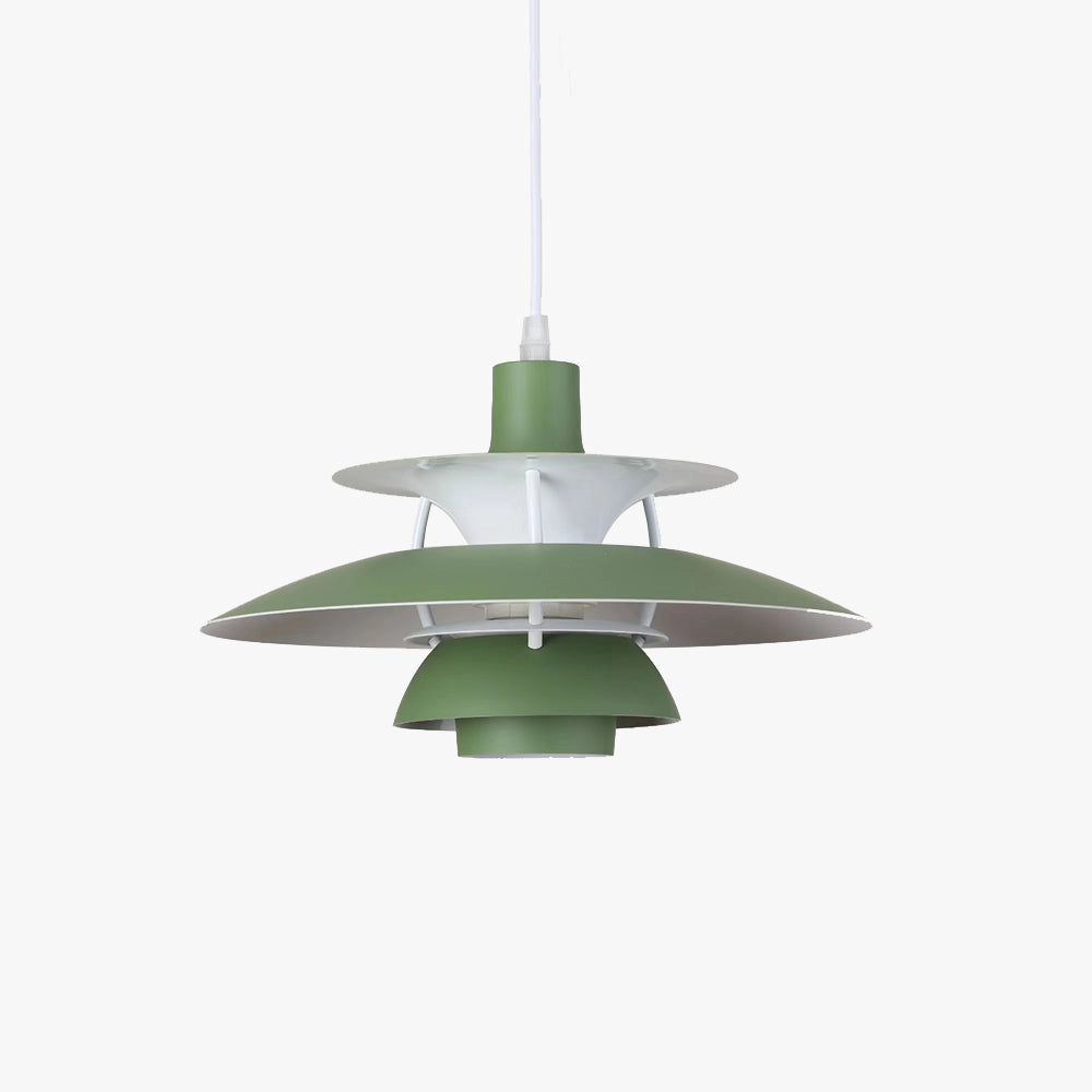 Modern Scandinavian design pendant light in pure green with a multi-tiered structure, featuring a warm white glow, hanging from the ceiling.