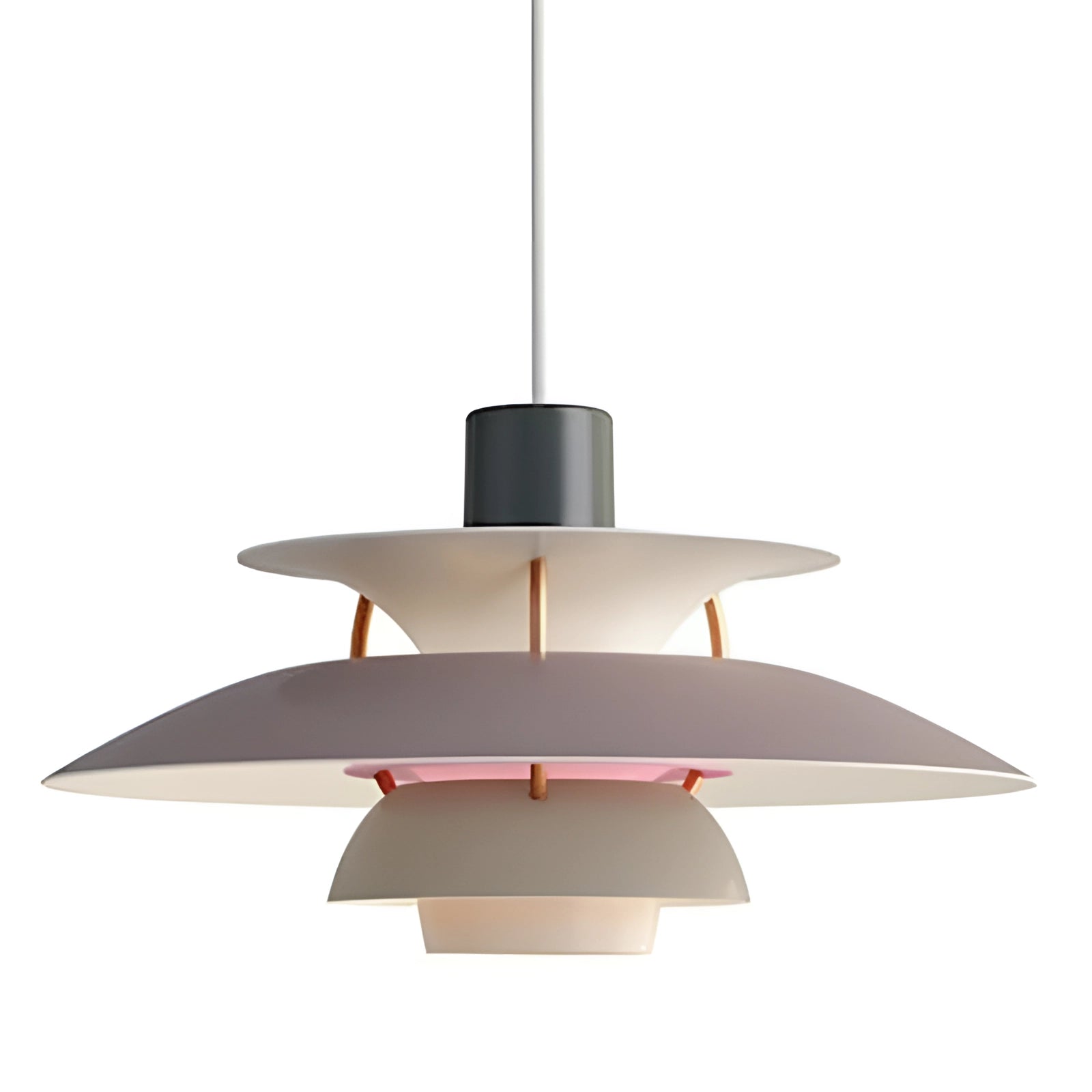 Modern multi-tiered pendant lighting with a Scandinavian design, featuring a colorful and symmetrical arrangement, suspended from the ceiling.