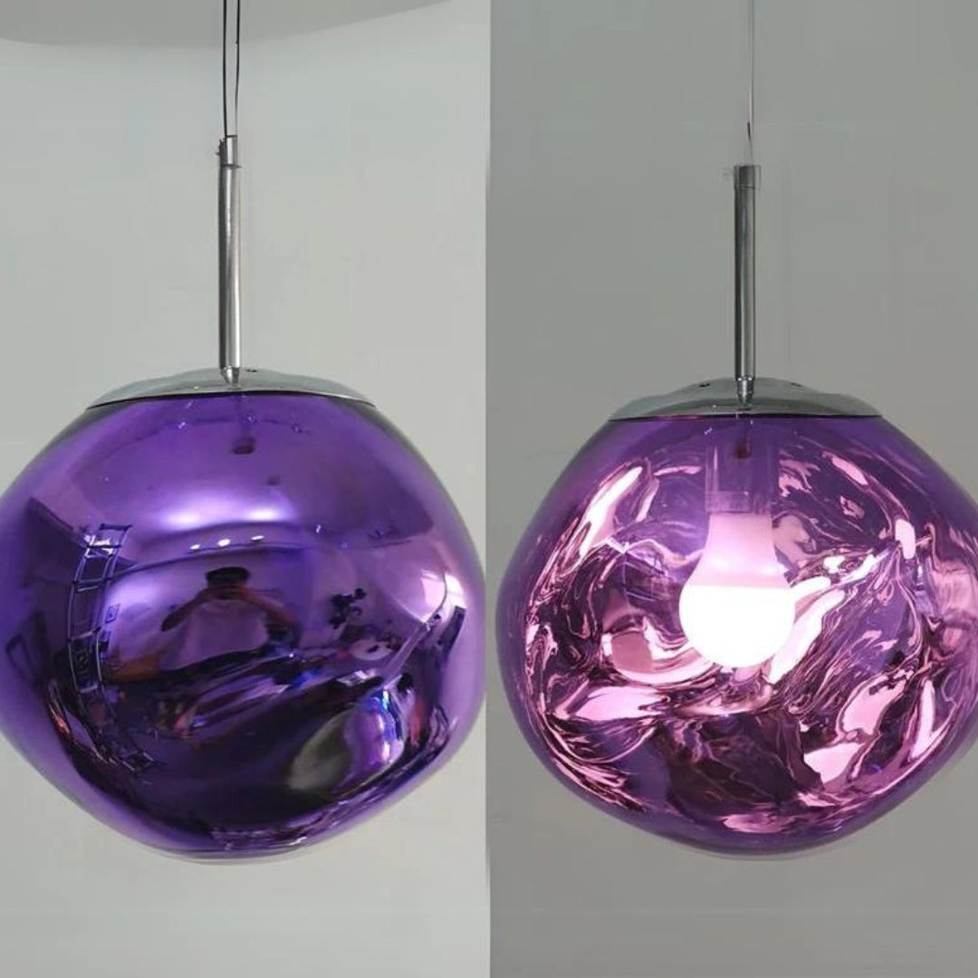 Luxurious modern copper glass cluster chandelier with a purple finish, featuring elegant pendant lighting design.