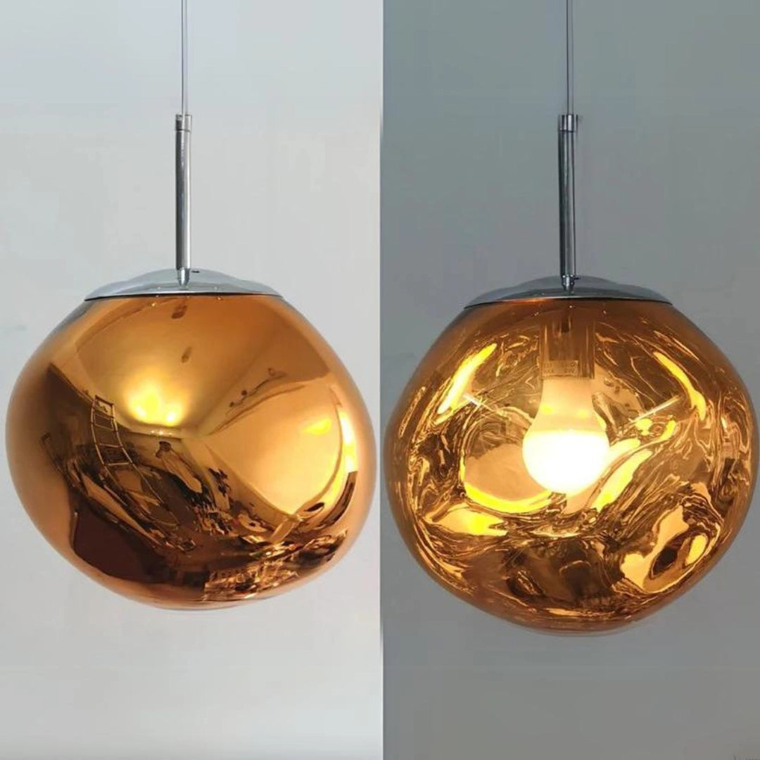 Modern copper glass cluster chandelier with amber-colored pendant lights, featuring a sleek 28cm diameter design. The chandelier showcases circular glass ornaments and luxurious tints, providing an artistic and elegant lighting solution for upscale interiors.