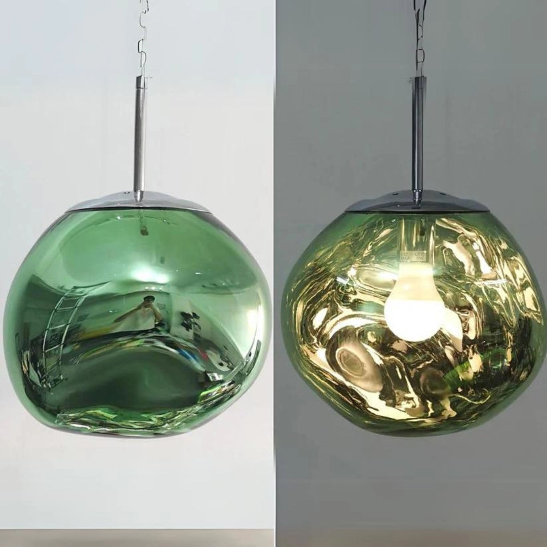Modern copper glass cluster chandelier with green-tinted glass orbs, 28cm in size, featuring a luxurious and artistic pendant design suitable for ceiling installation.
