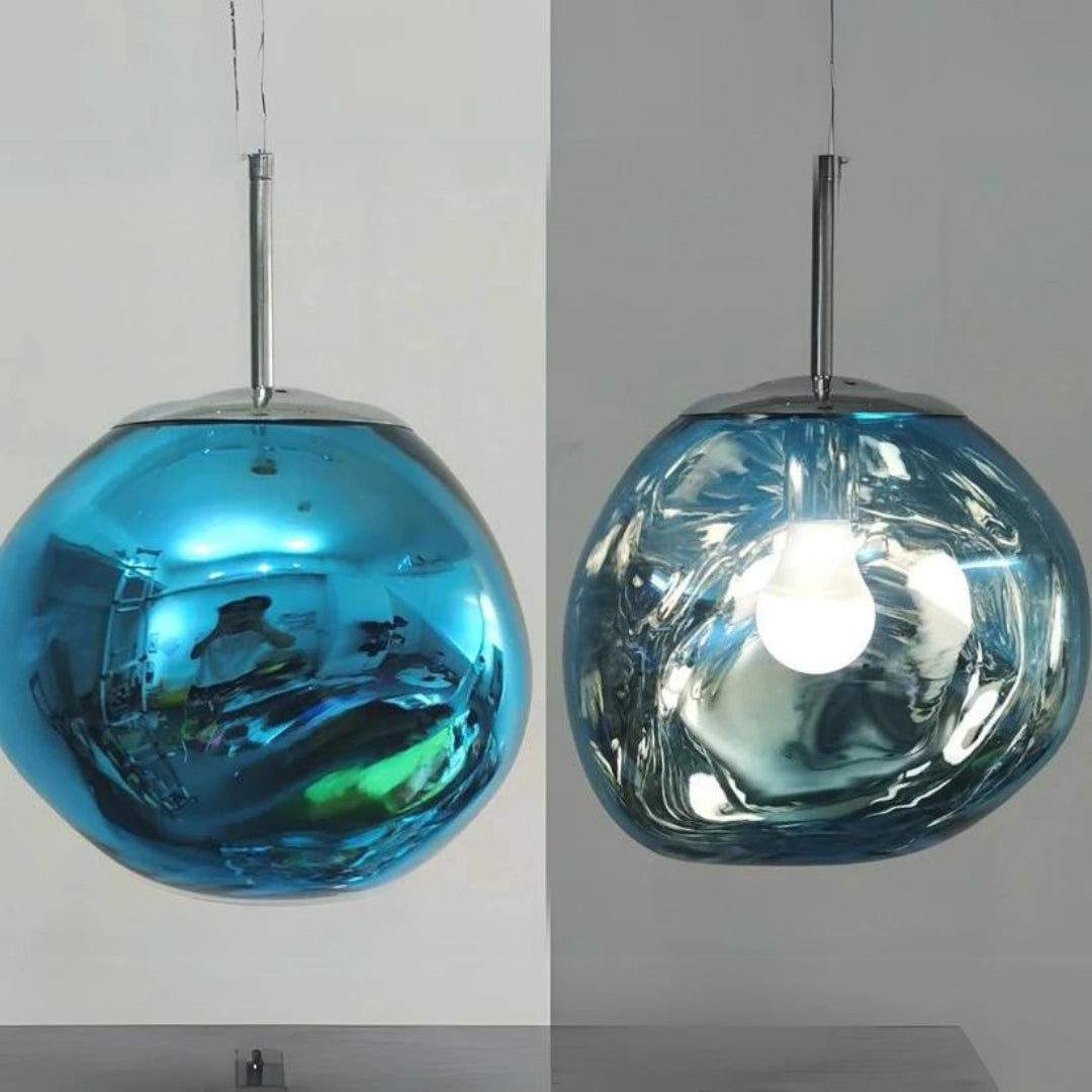 Modern copper glass cluster chandelier with blue glass pendants, 28cm in diameter, featuring luxury pendant lighting design, displaying a sleek and sophisticated look with multiple azure-colored glass orbs suspended in a circular arrangement.