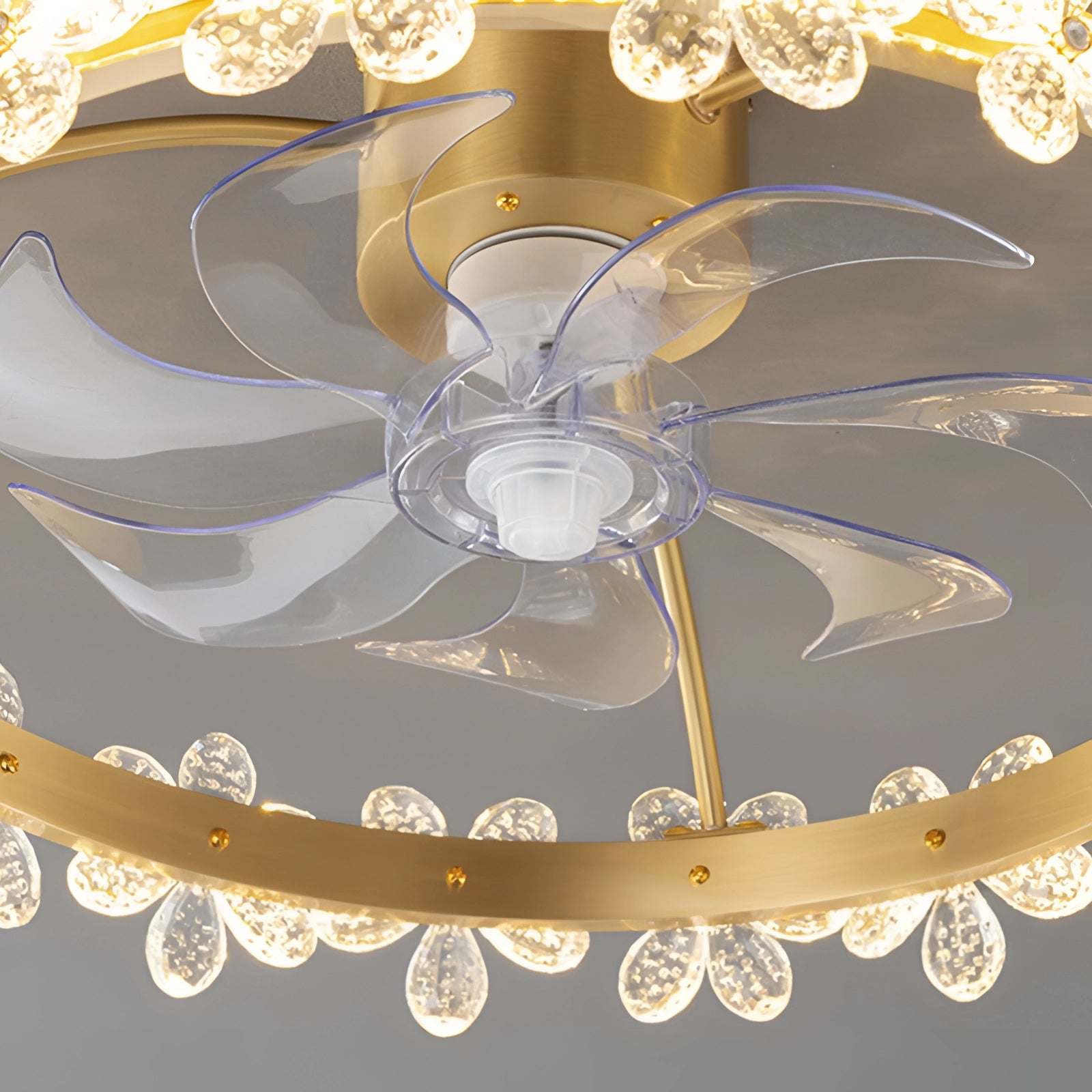 Modern crystal LED floral ceiling fan with light kit featuring a circular design, white and gold accents, and ornamental art patterns resembling a chandelier.