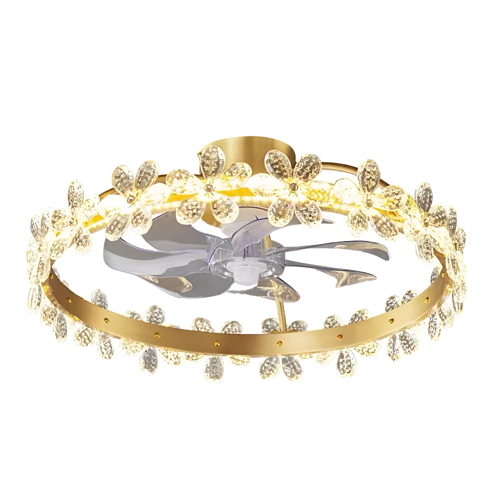 Modern crystal LED floral ceiling fan with a light kit, featuring elegant crystal accents and a floral design integrated into the fan blades, providing both illumination and aesthetic appeal to any room.