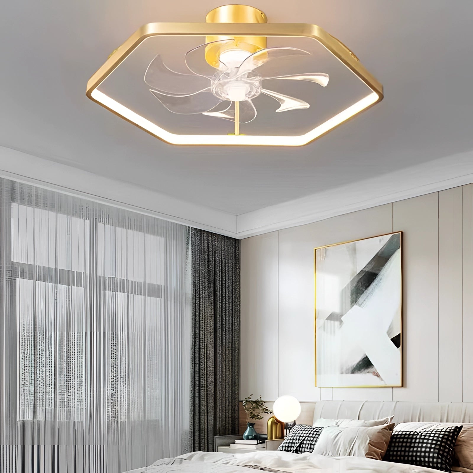 Modern crystal LED floral ceiling fan with light kit, featuring a white finish and integrated lighting, mounted in an interior setting.