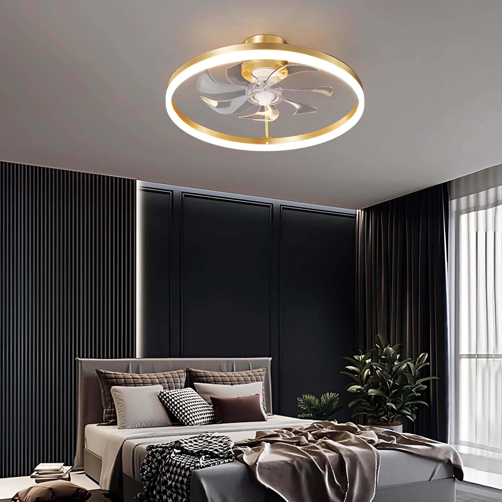 Modern Crystal LED Floral Ceiling Fan with Light Kit in an elegantly designed interior space, featuring wooden furniture and a grey textile shade, enhancing comfort and style.