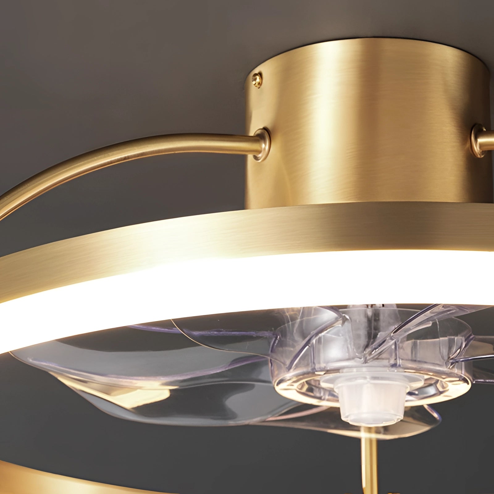 Modern crystal LED floral ceiling fan with integrated light kit featuring an elegant lampshade design, made from metal and composite materials.