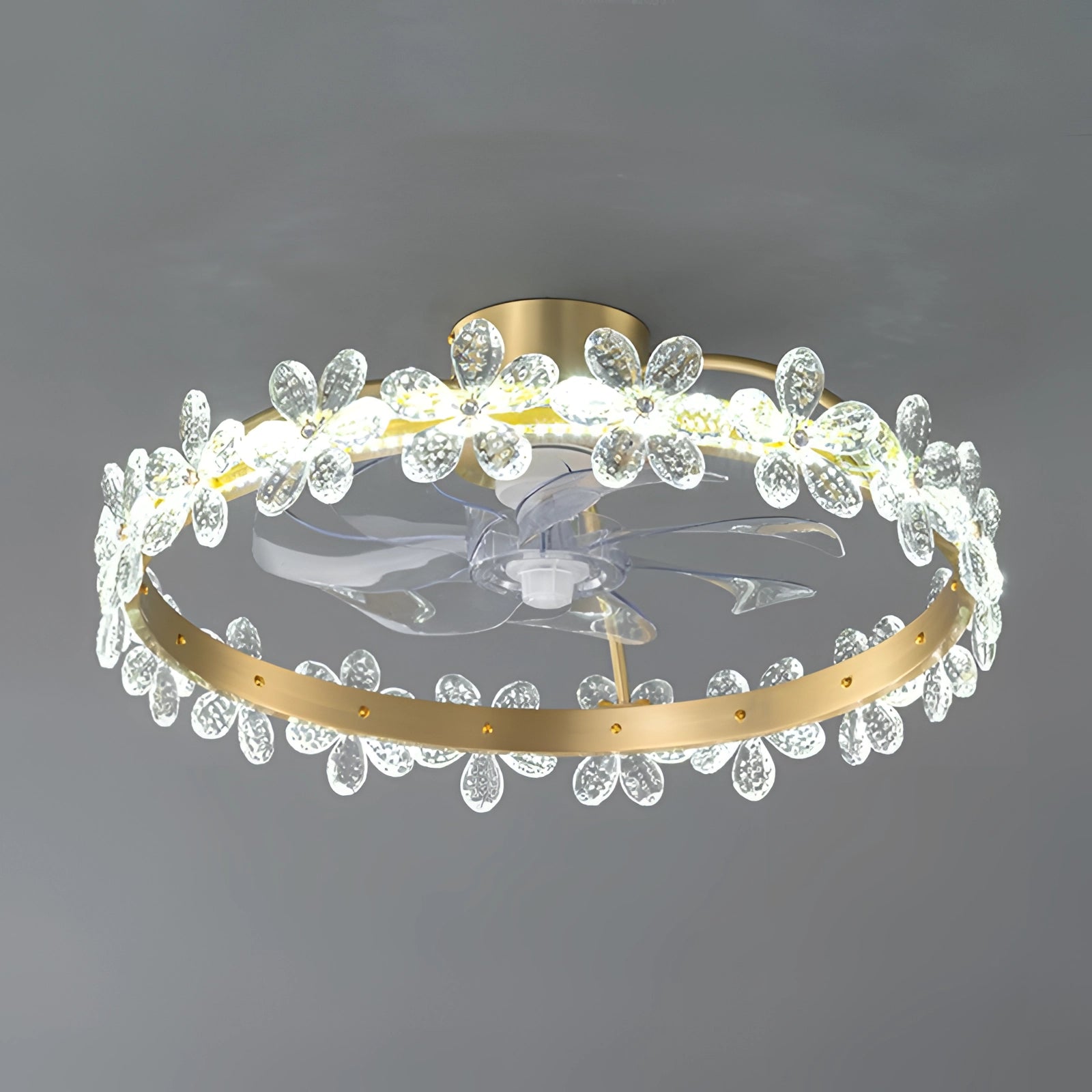 Modern crystal LED floral ceiling fan with an elegant design, featuring a light kit, silver accents, and crystal embellishments that resemble a decorative headpiece or bridal accessory.
