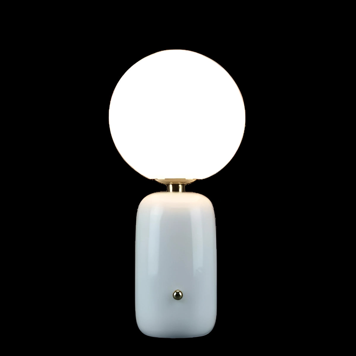 Modern designer bedside lamp with a black and gold spherical base, accompanied by a white cylindrical shade measuring 45 cm in height.
