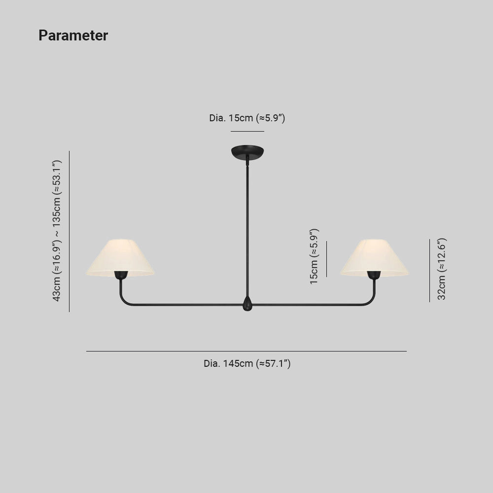 Modern black LED chandelier with dual cone-shaped pendant lights, featuring a sleek and minimalistic design.