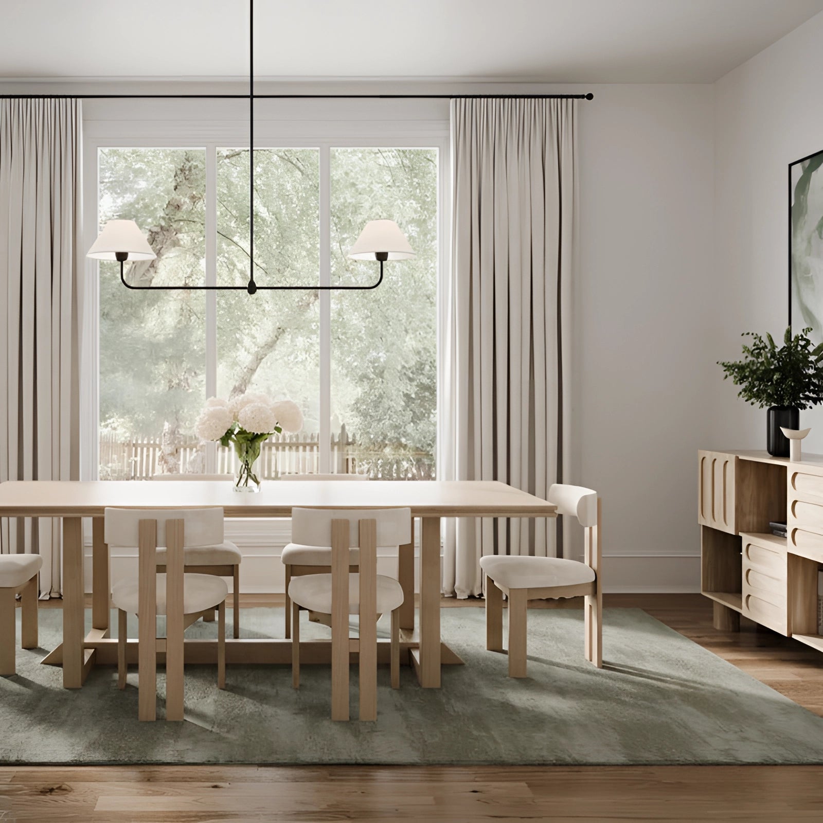 Modern dual lamp black LED chandelier with double cone pendant light hanging elegantly above a wooden table with a potted plant, set in a stylish interior design featuring large windows and contemporary furniture.