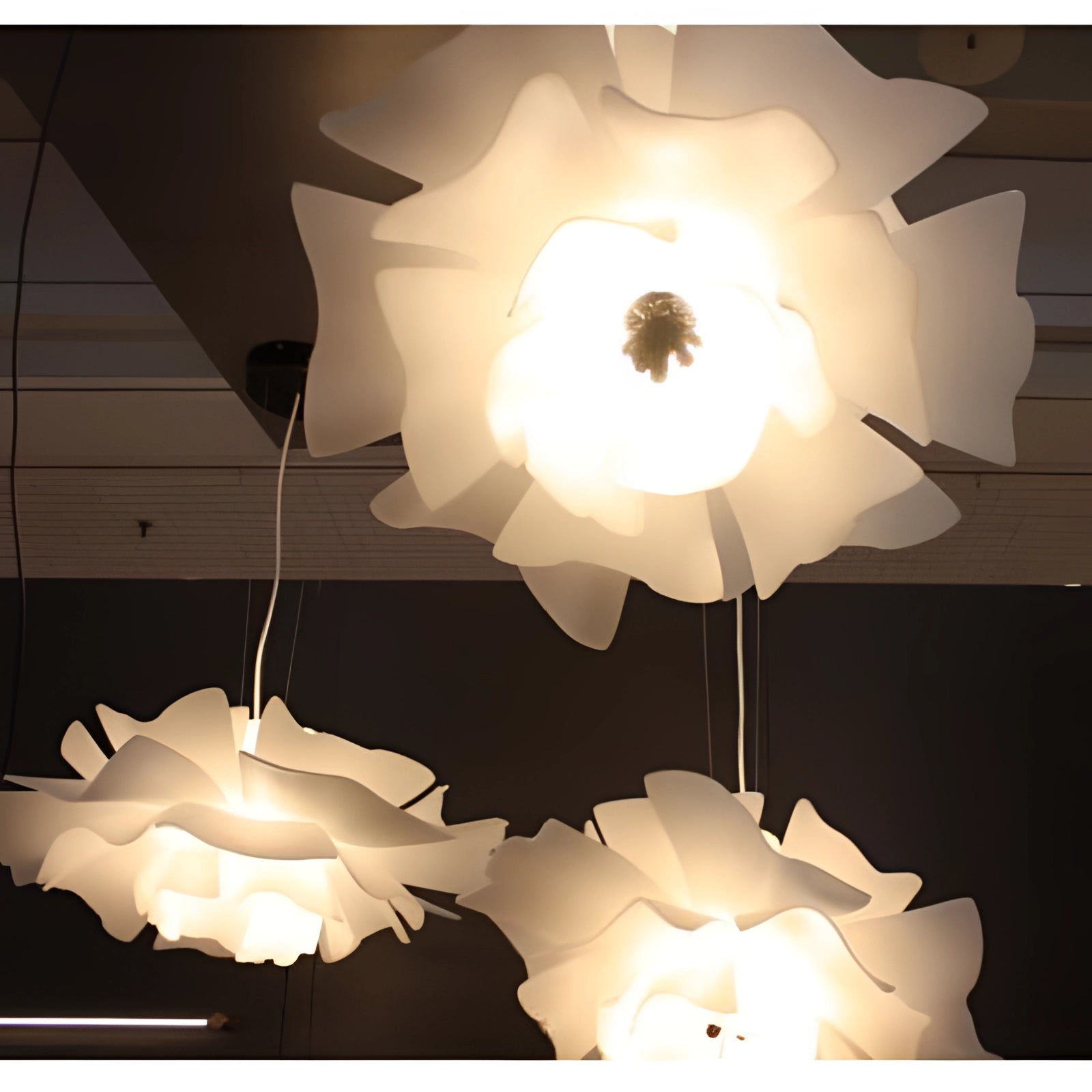 Modern flower-shaped pendant light in black and white, featuring a designer floral chandelier with artistic lighting and sleek material properties.