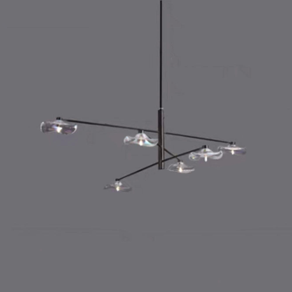 Modern geometric black and chrome multi-light chandelier with six clear glass bulb sockets, featuring a sleek and contemporary design suitable for ceiling installation.