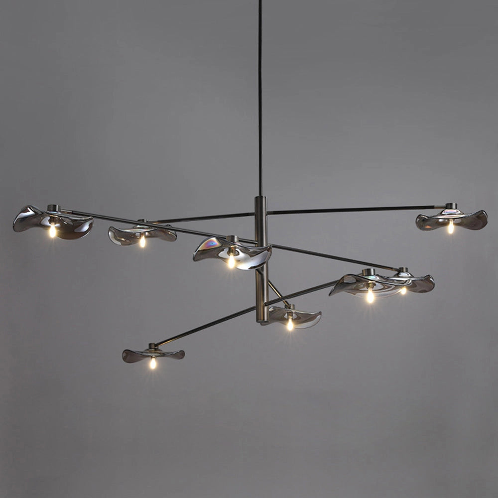 Modern geometric black and chrome multi-light chandelier with sleek metal design featuring multiple lights suspended from a central structure, highlighting a contemporary aesthetic.