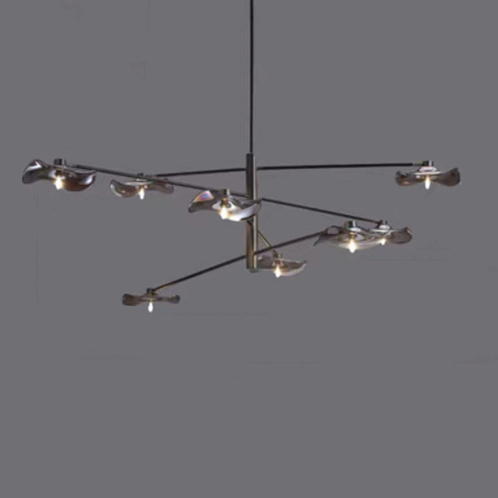 Modern geometric chandelier with black and chrome finishes, featuring multiple hanging lights in a sophisticated and contemporary design.