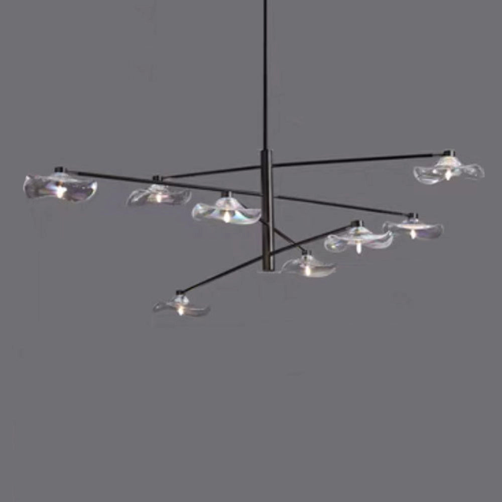 Modern geometric black and chrome multi-light chandelier with eight clear glass heads, featuring a symmetrical design and metal accents, suspended from the ceiling.
