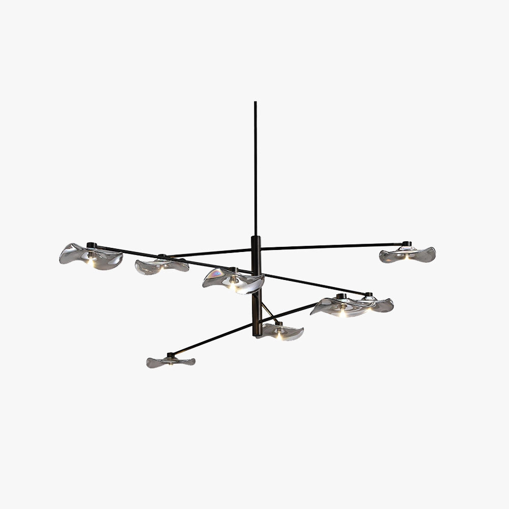 A modern geometric black and chrome multi-light chandelier with a sleek and contemporary design, featuring multiple light fixtures arranged in a geometric pattern, suitable for modern interior spaces.