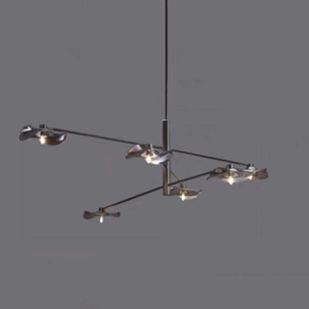 A modern geometric chandelier with black and chrome elements, featuring multiple lights and a sleek, metal design with circular and twig-like structures, suitable as a ceiling fixture for contemporary interiors.