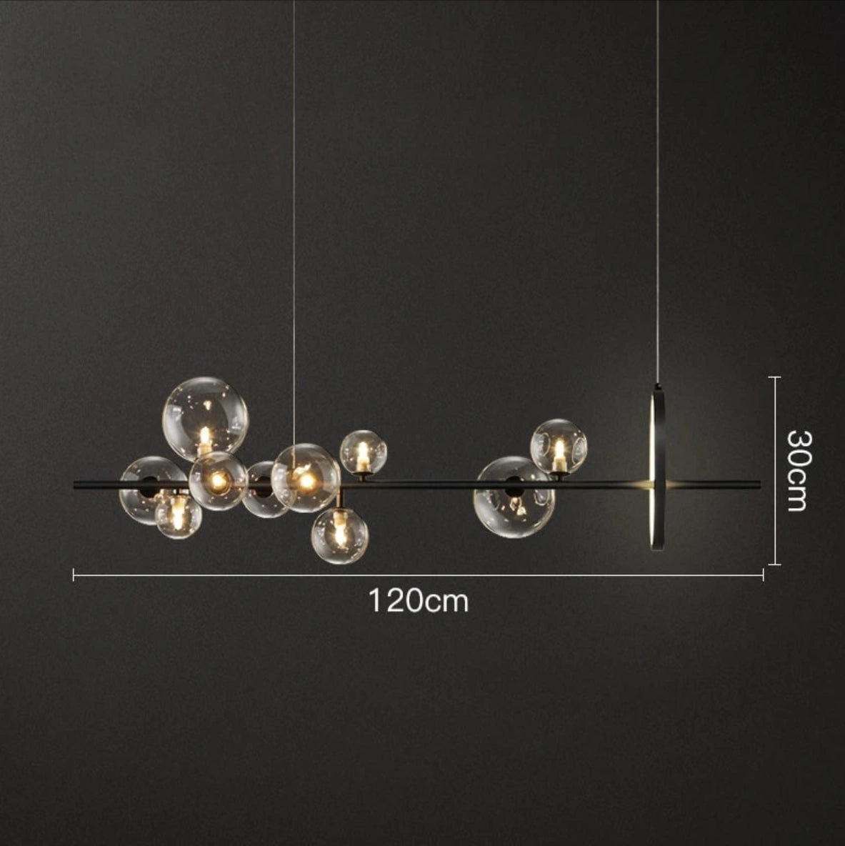 Modern geometric brass and glass chandelier with luxury pendant light hanging from the ceiling, 120cm in size, emitting cold white light.