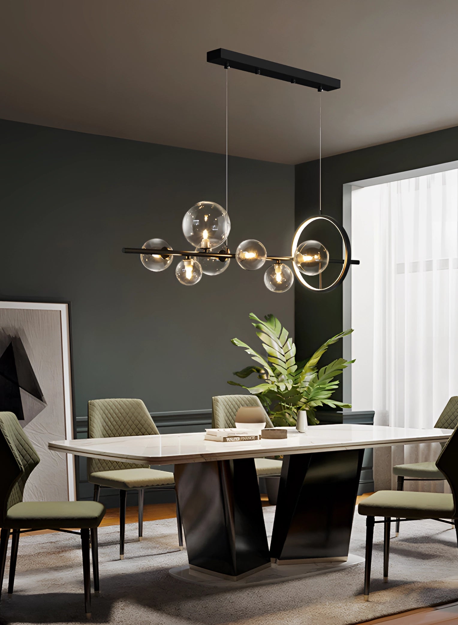 Modern geometric brass and glass chandelier hanging in a stylish interior with wooden table, chairs, potted plant, and large windows.