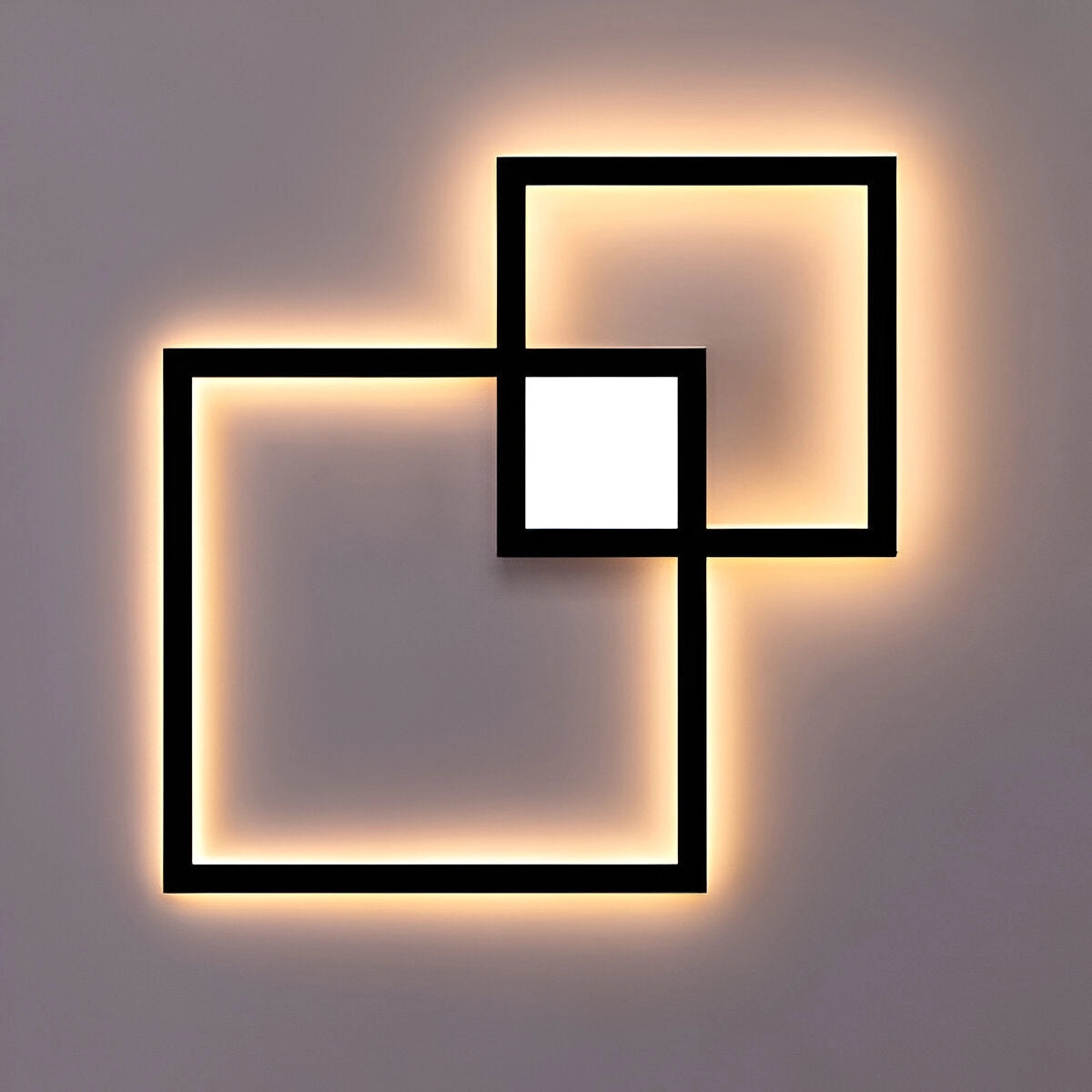 Modern black geometric LED wall sconce with a rectangular design, featuring parallel lines and symmetrical structure, offering energy-efficient illumination.