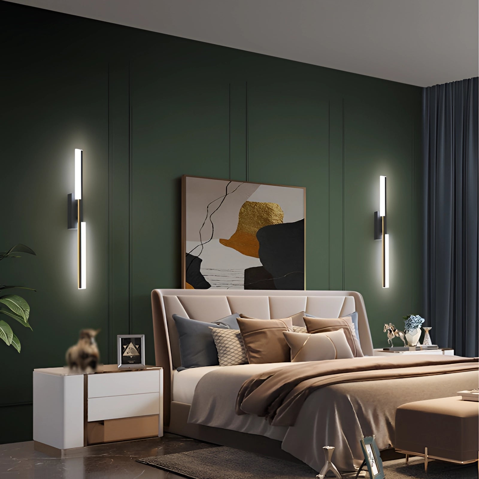 Modern geometric LED wall sconce in black and white illuminating a minimalist living room setting with a couch, wooden table, and stylish interior design elements.