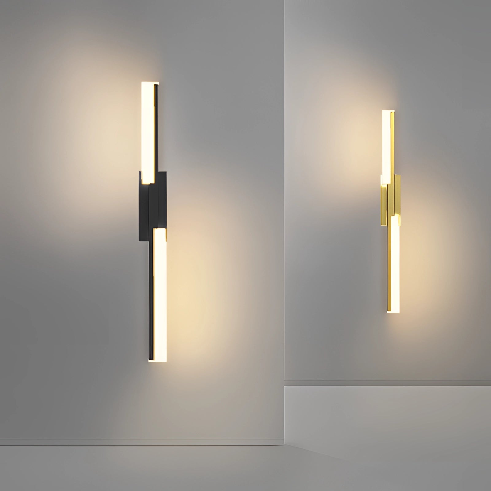 Modern geometric LED wall sconce featuring a minimalist black and white design with rectangular elements, mounted against a wooden backdrop, creating a contemporary art aesthetic.