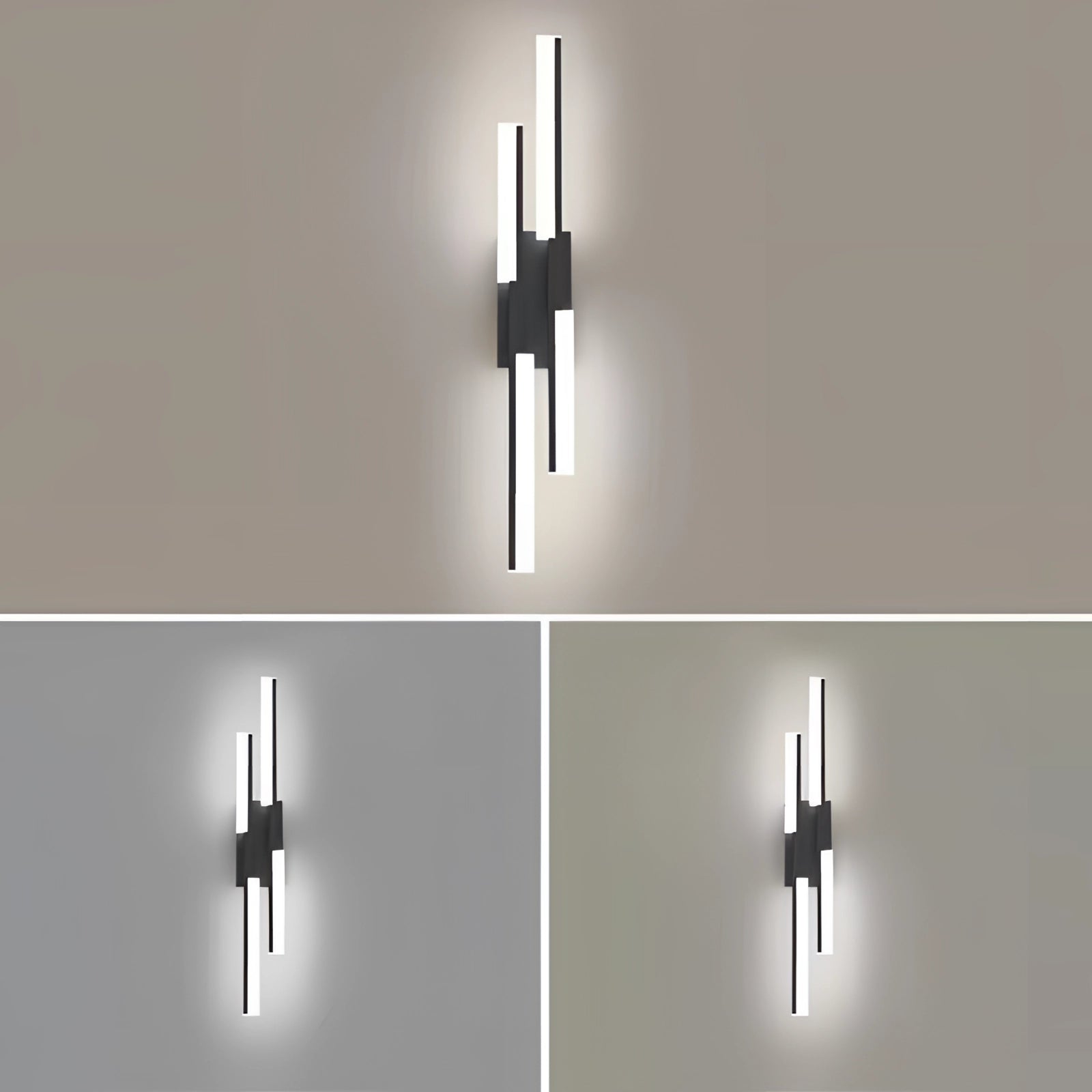 Modern geometric LED wall sconce in black and white, measuring 15.7 inches, with a minimalist design featuring symmetrical cross patterns. The fixture, suitable for a ceiling or wall mount, offers three color changes controlled by a switch, highlighting its sleek and balanced aesthetic.