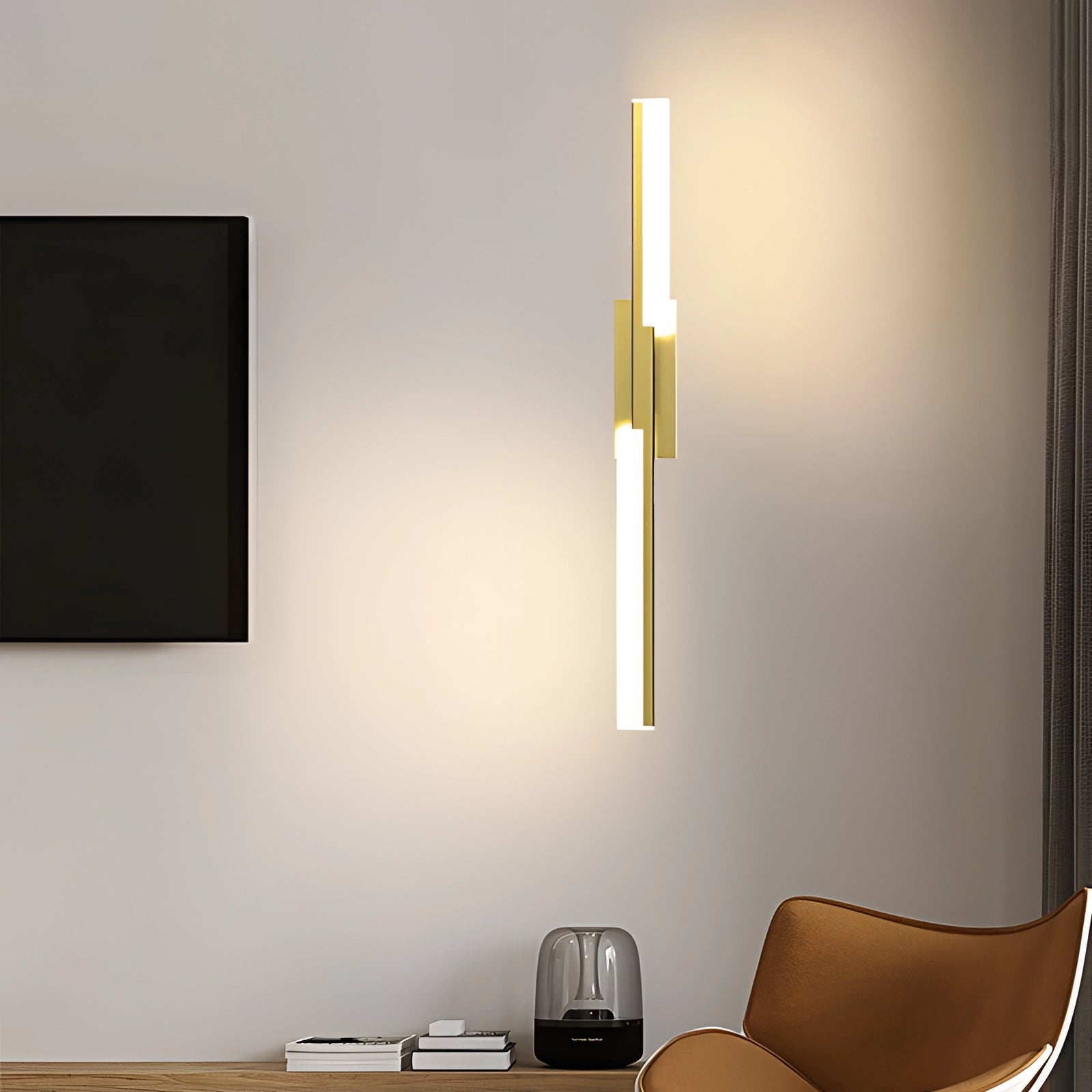 Modern geometric LED wall sconce featuring a minimalist black and white design, 15.7 inches in size with a gold finish, offering three color changes controlled by a switch.