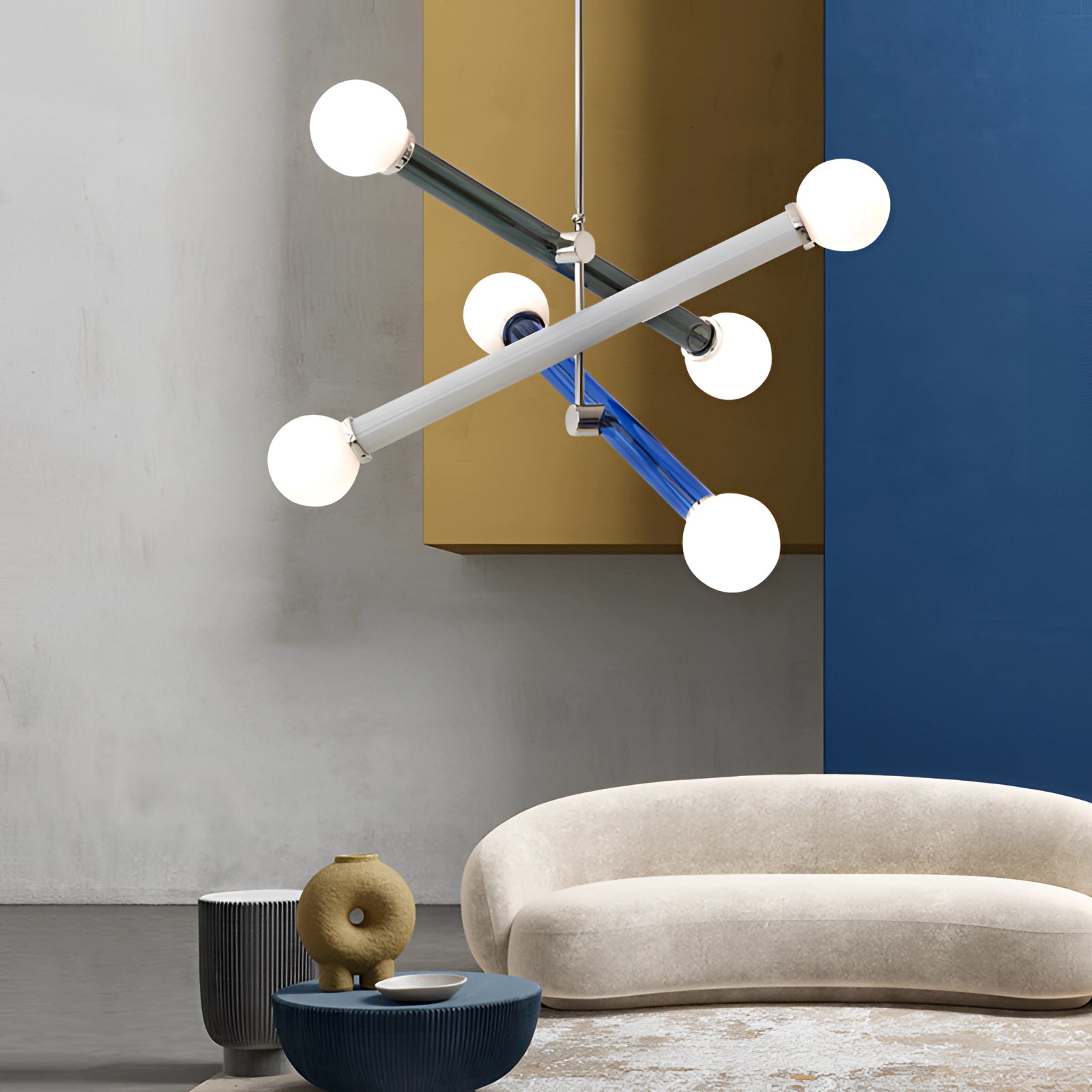 Modern geometric pendant light with a minimalist design, featuring a circular wooden structure and ceramic elements, suitable as a stylish chandelier for children's rooms, shown hanging from the ceiling.