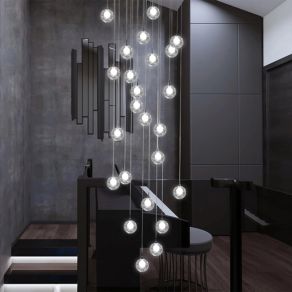 Modern globe pendant chandelier hanging from a round ceiling plate featuring 25 adjustable LED lights; the fixture includes elements of metal and glass in its design.