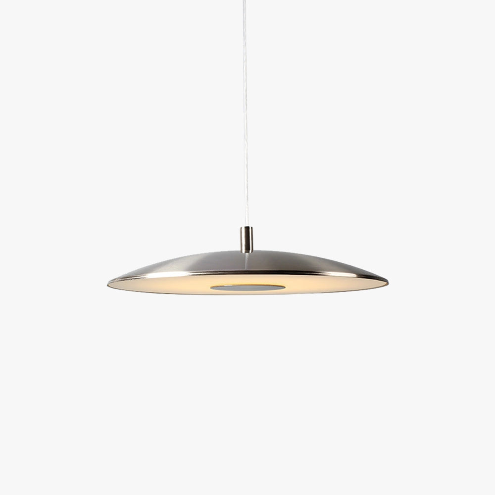 Modern gold-brushed pendant light fixture hanging from the ceiling, featuring a sleek and circular design made from metal, suitable for dining room and kitchen settings.