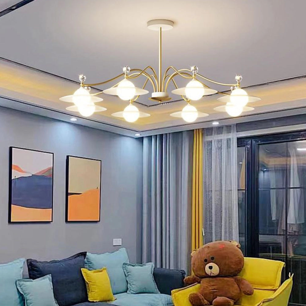 Modern gold chandelier with eight white glass globes and a brass finish, hanging in a 47.2-inch size, showcasing contemporary interior design with elegant lighting features.