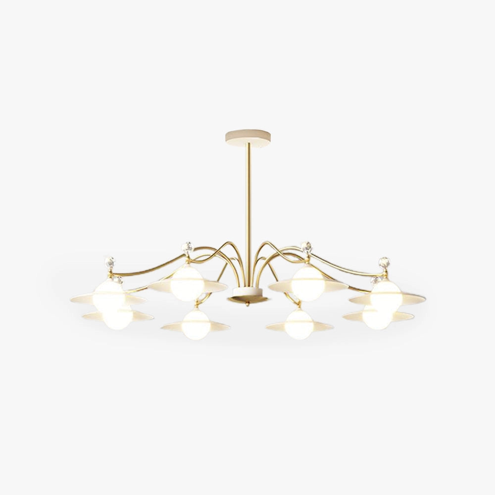 Modern gold chandelier with eight white glass globes and a brass finish, featuring a ceiling fixture design.