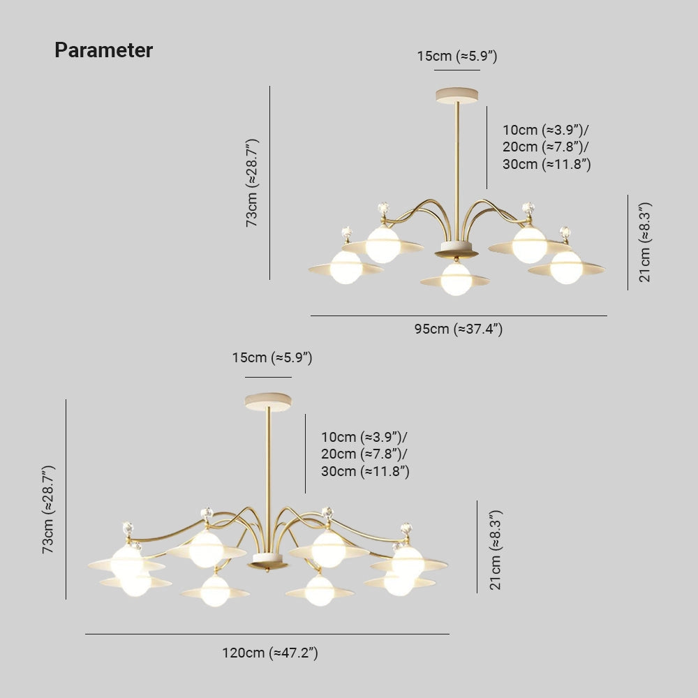 Modern gold chandelier with eight white glass globe light fixtures and a brass finish, designed in a circular arrangement.