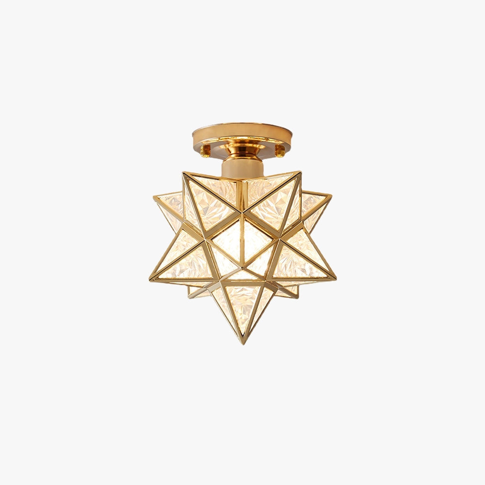 Modern gold geometric star-shaped ceiling light in a luxury pendant design, featuring a triangular metal frame with symmetrical patterns, suspended from the ceiling.