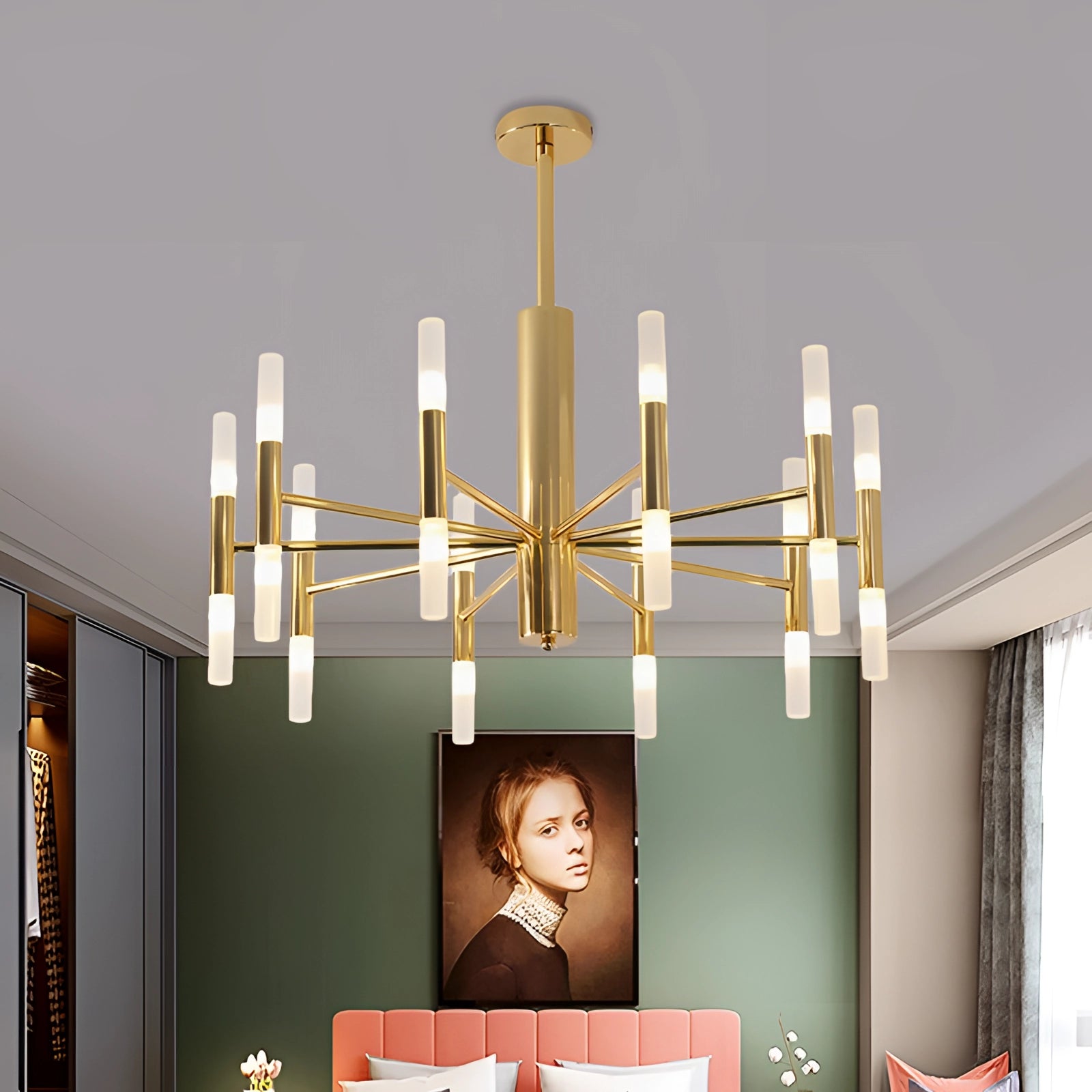 Modern gold LED chandelier with 12 lights and brass finish, featuring a 70CM adjustable design, elegantly hanging from the ceiling in a dining area.